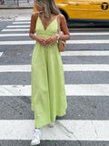 Purpdrank - Eleatic Smocking Green Cotton V Neck Summer Women's Dress Sleevless Long Green Maxi Casual Strapy Dress Solid Female