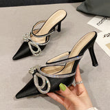 Purpdrank - New Glitter Rhinstones Women Pumps Mules Crystal Bowknot Green Satin Summer Lady Shoes Stripper High Heels Party Prom Shoes