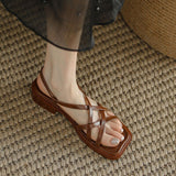 Purpdrank - Size 35-40 New Retro Leather Sandals Woman Ankle Strap Square Low Heels Shoes Ladies Dress Sandals