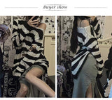 Purpdrank - Punk Gothic Long Sweater Women Dark Aesthetic Striped Pullovers Hollow Out Oversized Grunge Jumpers Emo Alt Clothes Y2k