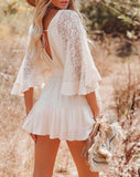 Purpdrank - Fashion Beachwear Women White Boho Dress Summer Middle Flared Sleeves V-neck Button Decoration Cake Beach Long Skirt Outsuits
