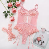 Purpdrank - Embroidery Floral Backless Sexy Mesh Sheer See Through One-piece Rompers Women Sexy Lingerie Slim Bodysuit Babydoll