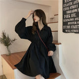 Purpdrank - Shirt Dress Women Korean Style Polo Collar Black Long Sleeve Wrap Mini Dress Casual Solid Kpop Clothes Woman