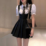 Purpdrank - Black Pleated Mini Dress Women Kawaii Vintage Preppy Style High Waist Sleeveless Strap Dress for Girls Korean Fashion
