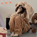 Purpdrank - New Women Onesie Pajamas Flannel Cosplay Animal One Piece Coral Fleece Warm Cartoon Brown Bear Costume Hooded Sleepwear Homewear