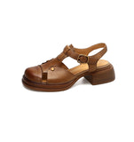 Purpdrank - Summer Sandals Genuine Leather Women Shoes Round Toe Sandals for Women Handmade Retro Light Luxury Roman Shoes Platform Sandals