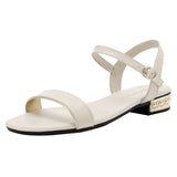 Purpdrank - Women Genuine Leather Sandals Low Heel Buckle Strap Ladies Open Toe Black Beige Metal Decoration Summer Female Shoes SmallHut