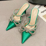 Purpdrank - New Glitter Rhinstones Women Pumps Mules Crystal Bowknot Green Satin Summer Lady Shoes Stripper High Heels Party Prom Shoes