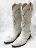 Purpdrank - White Cowboy Western Knee High Boots Design Chunky Heel Pointed Toe Slip On Autumn Long Boots Ridding Casual Shoes