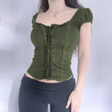 Purpdrank - y2k Green Lace Crop Top Trim Square Collar Short Sleeve T Shirt Women Fairycore Balletcore Chic Tee Summer Korean 90s