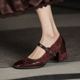 Purpdrank - Genuine Leather Mary Jane Women's Shoes Fashion Retro Buckle Shallow Pumps Square Toe Thick Heel Handmade Shoes Woman Size 34-40