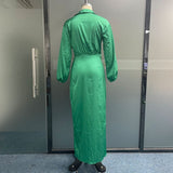 Purpdrank - Women Maxi Dress Fashion Elegant Long Sleeve Lapel V Neck Pleated Solid Single Slit Beach Party Dresses