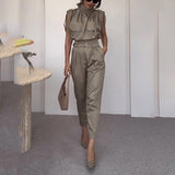 Purpdrank - Women Two Piece Sets Summer Elegant Sleeveless Solid Pants Sets Tie Neck Waist Belt Chic Office Outfit With Pocket