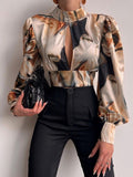 Purpdrank - Sexy Tie-Up Backless Hollow Out Crop Tops Women Elegant Long Sleeve Turtleneck Blouse Spring Casual Retro Print Lady Shirt Blusa