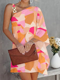 Purpdrank - Fashion Design One Shoulder Sleeve Loose Mini Dress Women Office Casual A-Line Dress Sexy Diagonal Neck Cutout Solid Party Dress
