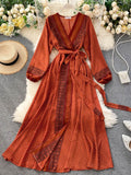 Purpdrank - Spring Autumn Women's Holiday Dress 2023 New Thin Chiffon Retro Print Lace-up Waist Slim Long Dress for Women