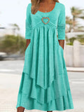 Purpdrank - Elegant Office Women Patchwork Pockets Midi Dress Round Neck Basic Solid Long Sleeve Dress Lady Casual Summer Ruffles Club Dress