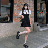 Purpdrank - Black Pleated Mini Dress Women Kawaii Vintage Preppy Style High Waist Sleeveless Strap Dress for Girls Korean Fashion