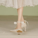 Purpdrank - Wedding Shoes Bride 2023 New Fashion Pearls Bow New Thick Heels Pumps Women Shoes Sexy Pointed Classic Elegant Party Shoes Lady