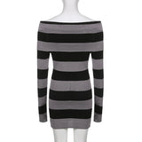 Purpdrank - E-girl Striped Gothic Aesthetic Sexy Dresses Grunge Long Sleeve Knitted Skinny Dress For Women Off Shoulder Streetwear