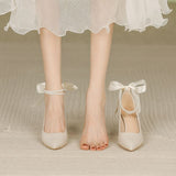 Purpdrank - Wedding Shoes Bride 2023 New Fashion Pearls Bow New Thick Heels Pumps Women Shoes Sexy Pointed Classic Elegant Party Shoes Lady