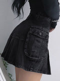 Purpdrank - New  Mall Goth Y2K High Waist Jean Skirts E-girl Aesthetics Black Denim Pleated Skirts with Big Pockets Grunge Punk Outfits