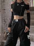 Purpdrank - E-girl Style Patchwork Black T-shirts Gothic Open Shoulder Sleeve Y2k Crop Tops Ruffles Hem Hip Hop Techwear Women Tee