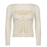 Purpdrank - Y2k Female Elegant Knitted T-shirt Woman lace trim retro sweet square neck T-shirt Street Pleated Casual Slim Long sleeve Top