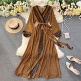 Purpdrank - Spring Autumn Women's Holiday Dress 2023 New Thin Chiffon Retro Print Lace-up Waist Slim Long Dress for Women
