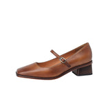 Purpdrank - New Genuine Leather Mary Jane shoes Women's Shoes Retro Buckle Shallow Heel Pumps Square Toe Shoes Woman Zapatos De Mujer