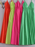 Purpdrank - Eleatic Smocking Green Cotton V Neck Summer Women's Dress Sleevless Long Green Maxi Casual Strapy Dress Solid Female