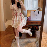 Purpdrank - Floral Lace Dress Mori Girl Style Elegant Puff Sleeve Bandage Kawaii Fairy Princess Mini Short Dresses Woman