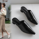 Purpdrank - 2023 Summer Women Sandals Genuine Leather Shoes for Women Pointed Toe Low Heel Women Sandals Cover Toe Chunky Heel Women's Mules