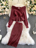 Purpdrank - 2023 Women Korean New Style Cross V-neck Puff Sleeve Short Waist Top + Elastic High Waist Pleated Skirt Knitting Two Piece