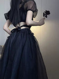 Purpdrank - 2023 Summer Gothic Black Midi Dress Women Casual Pure Color One Piece Dress Korean Fashion Even Party Y2k Dress Female Beach