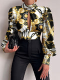Purpdrank - Sexy Tie-Up Backless Hollow Out Crop Tops Women Elegant Long Sleeve Turtleneck Blouse Spring Casual Retro Print Lady Shirt Blusa