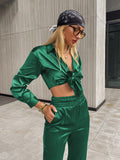 Purpdrank - Simplee Casual button loose women satin pants set green Office fashion long sleeve two piece sets High street pocket suit