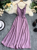 Purpdrank - Women's Holiday Long Dress Cross Sling Backless Solid Color Dress Beach Style Sexy Split Swing Dress Women Purple Dreess