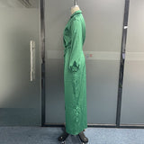 Purpdrank - Women Maxi Dress Fashion Elegant Long Sleeve Lapel V Neck Pleated Solid Single Slit Beach Party Dresses