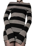Purpdrank - E-girl Striped Gothic Aesthetic Sexy Dresses Grunge Long Sleeve Knitted Skinny Dress For Women Off Shoulder Streetwear
