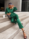 Purpdrank - Simplee Casual button loose women satin pants set green Office fashion long sleeve two piece sets High street pocket suit