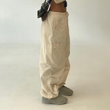 Purpdrank - Light Khaki Cargo Pants Streetwear 100% Cotton Big Pocket Patchwork Casual Pants Drawstring Low Waist Baggy Trouser Lady