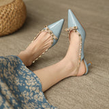 Purpdrank - 5cm New Fashion Sandals Leather Pointed Toe with Rivet Low Heels Ankle Wrap Wedding Women Shoes 38 39