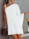Purpdrank - Fashion Design One Shoulder Sleeve Loose Mini Dress Women Office Casual A-Line Dress Sexy Diagonal Neck Cutout Solid Party Dress