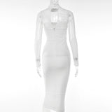 Purpdrank - New Mesh Transparent Women Dresses Double Layer Sexy Elegant Slim Bodycon Party Outfit Knee Length Pleated Evening Dress