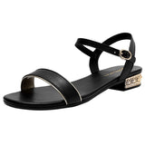 Purpdrank - Women Genuine Leather Sandals Low Heel Buckle Strap Ladies Open Toe Black Beige Metal Decoration Summer Female Shoes SmallHut