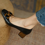 Purpdrank - French Retro Heeled Shoes Women's Medium Heel Pumps New Square Toe Thick Heel Metal Buckle Soft Leather High Heels