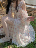 Purpdrank - Floral Midi Dress Women French Elegant Lace Fairy Dress Party Beach Style Vintage One Piece Dress Korean Summer Sweet Chic