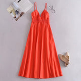 Purpdrank - Eleatic Smocking Green Cotton V Neck Summer Women's Dress Sleevless Long Green Maxi Casual Strapy Dress Solid Female
