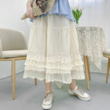 Purpdrank - Mori Girl Style Retro Pure Cotton Multi-layer Summer Lace Elastic Waist Loose Cake Skirt Lolita Petticoat Casual Midi Skirt Saia